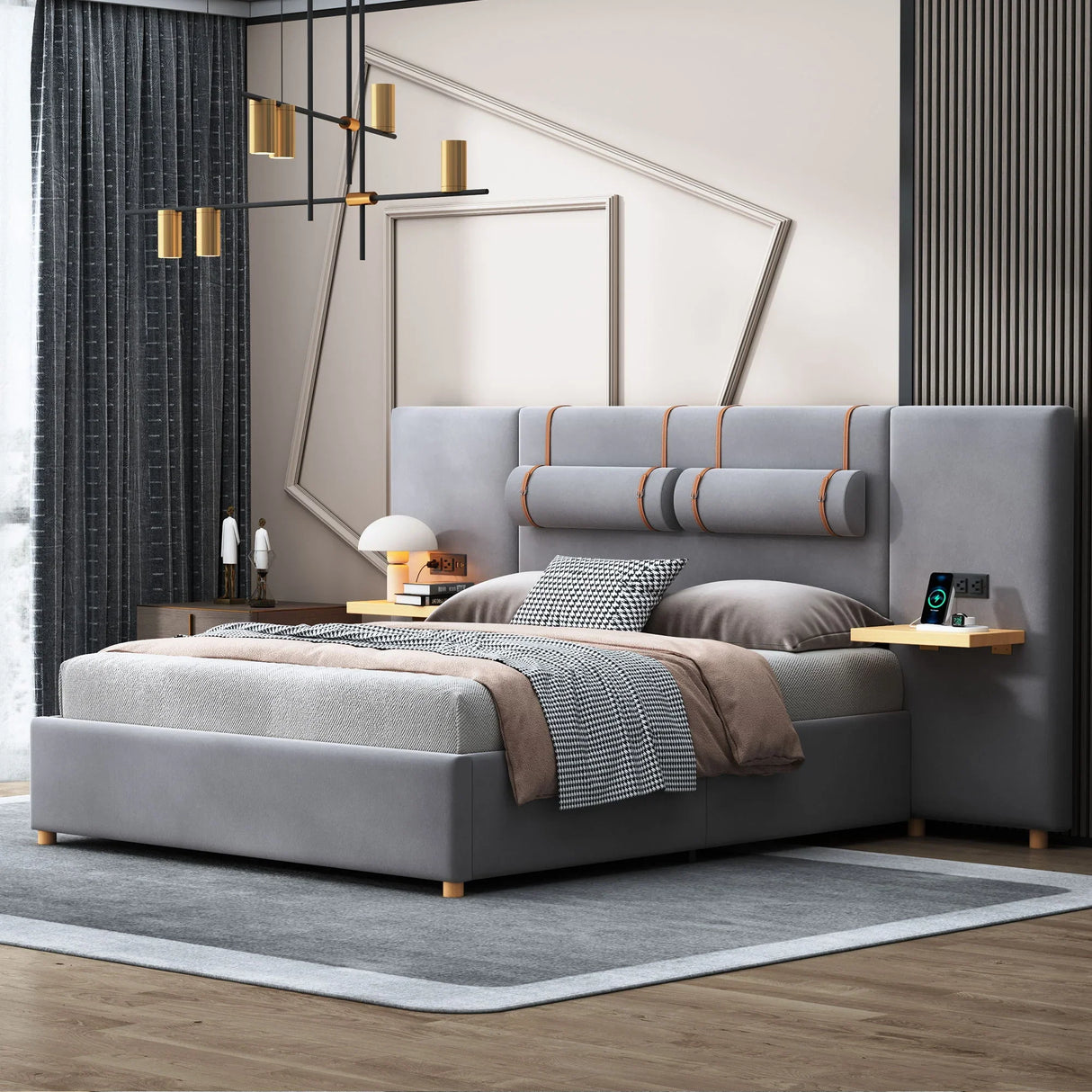 Upholstered Platform Bed, 2 Outlets And USB Charging Ports On Both Sides, 2 Bedside Pillows, Storage Shelves - Furniture Home Direct