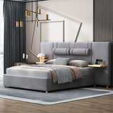 Upholstered Platform Bed, 2 Outlets And USB Charging Ports On Both Sides, 2 Bedside Pillows, Storage Shelves - Furniture Home Direct