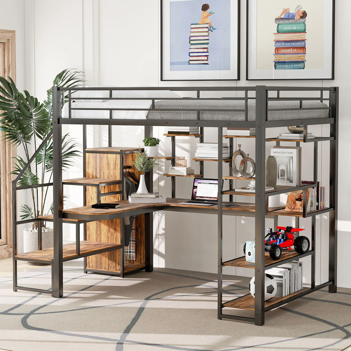 Loft Bed With Storage Staircase And Small Wardrobe, Built - In Desk And Storage Shelves - Furniture Home Direct