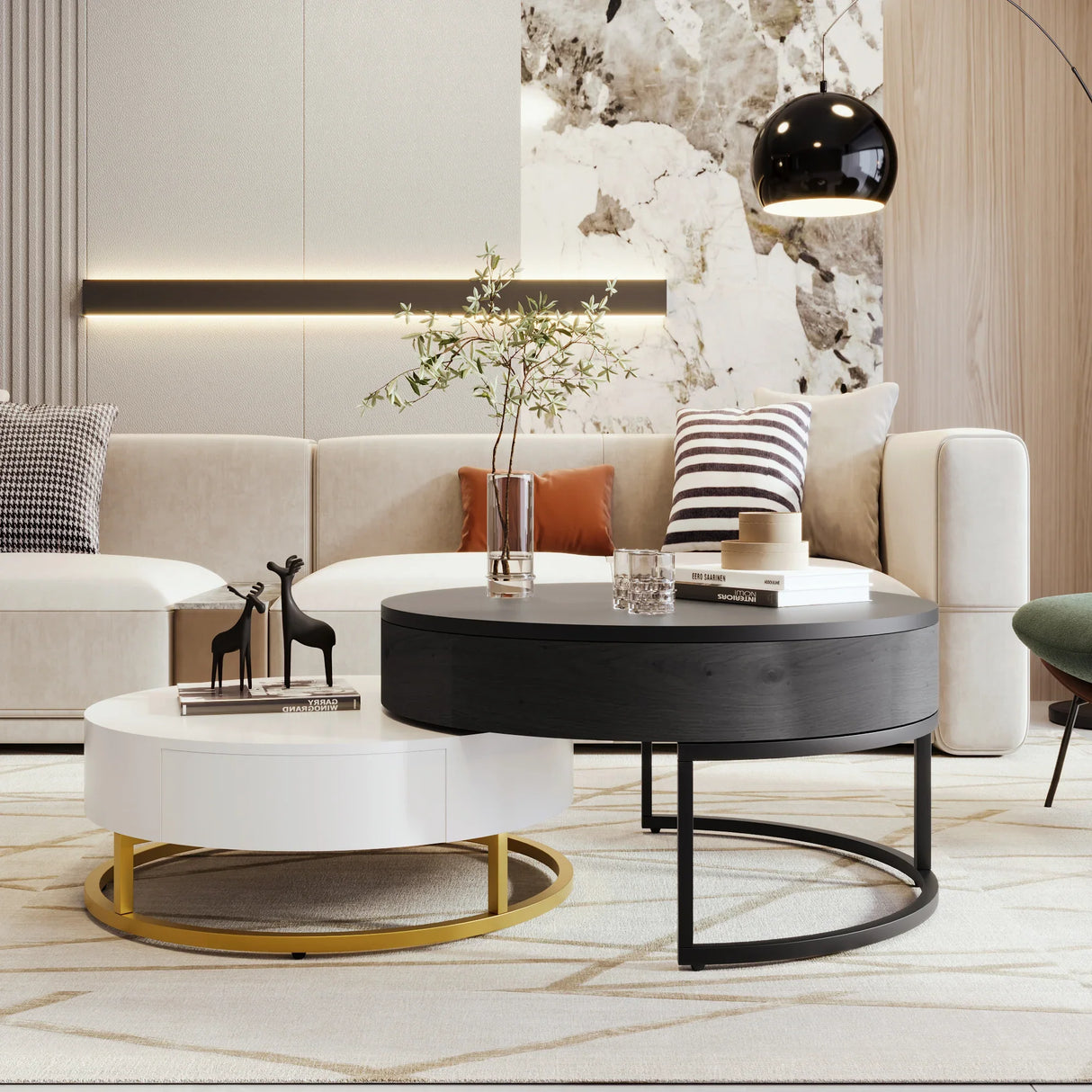 Nesting Coffee Tables Round Lift-Top Modern Black and White - Furniture Home Direct