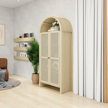 Tall Arched Kitchen Pantry, Arched Storage Display Cabinet With 2 Drawers & Adjustable Shelves, Rattan Door Versatile Storage Cabinet For Kitchen, Dining Room - Natural - Furniture Home Direct