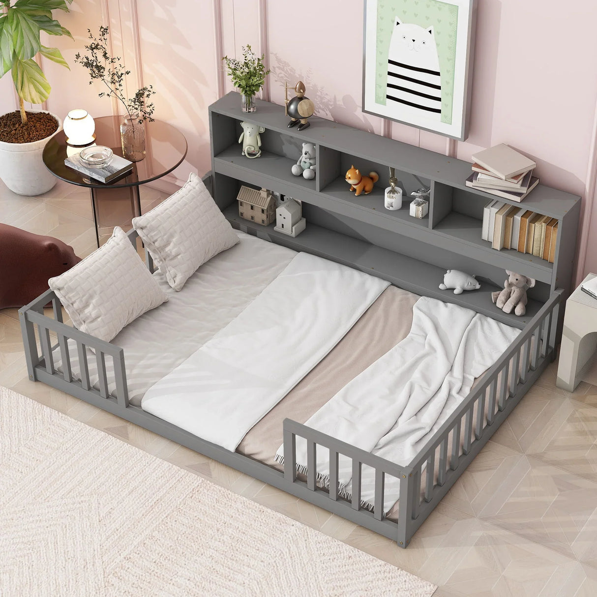 Floor Bed With Side Bookcase, Shelves, Guardrails - Furniture Home Direct