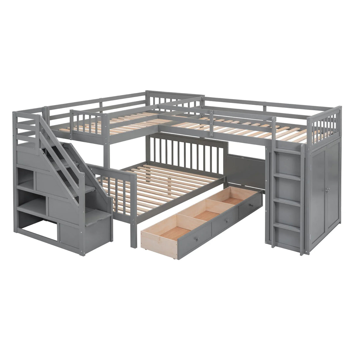 L Shaped Bunk Bed With 3 Drawers, Portable Desk And Wardrobe - Furniture Home Direct