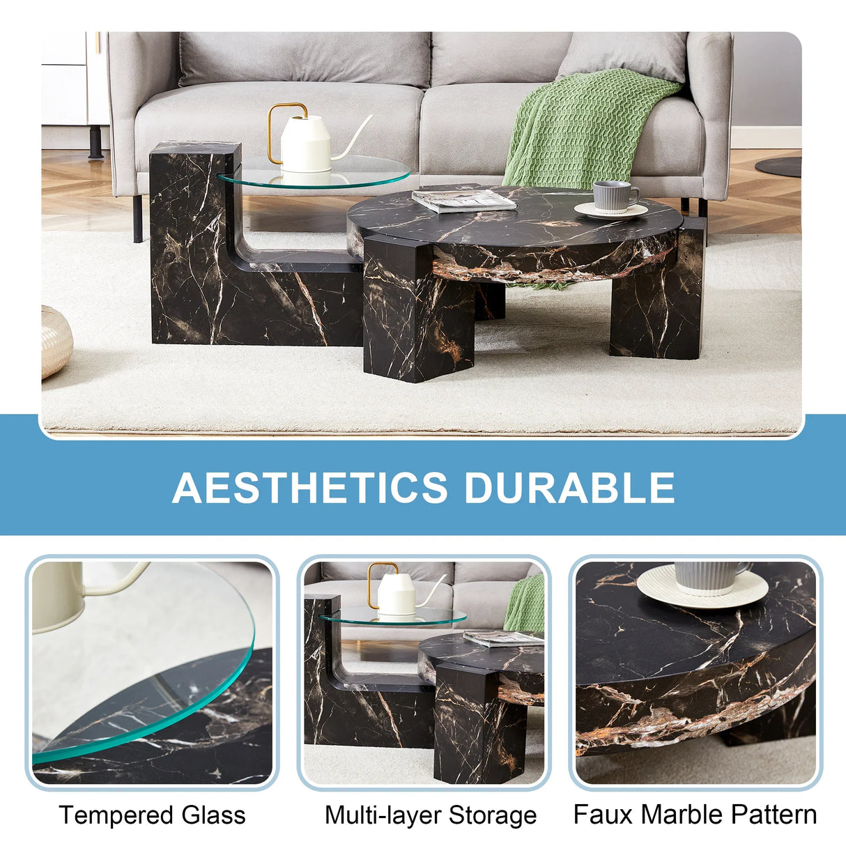 Detachable Double-Decker Black Patterned Coffee Table - Furniture Home Direct