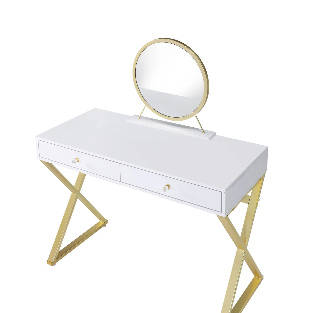 Vanity Desk With Mirror And Jewelry Tray Gold Legs White - Furniture Home Direct