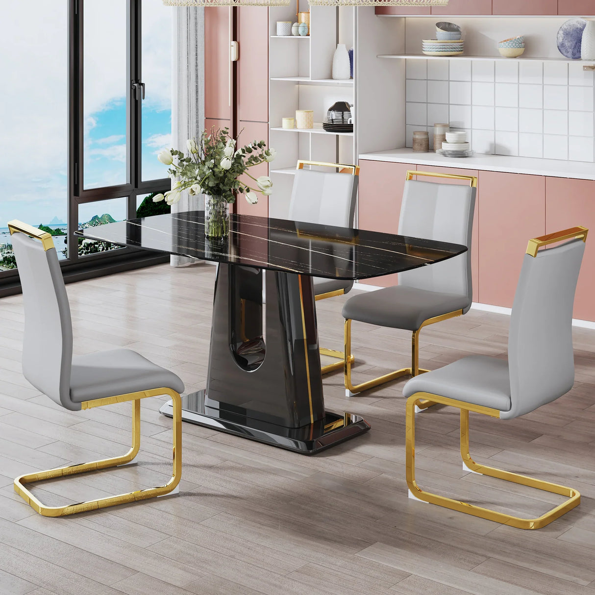 Dining Table With Imitation Marble Top, Modern Black - Furniture Home Direct