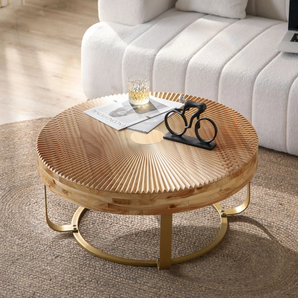 Coffee Table Round Carved Sunburst Top Natural Gold - Furniture Home Direct