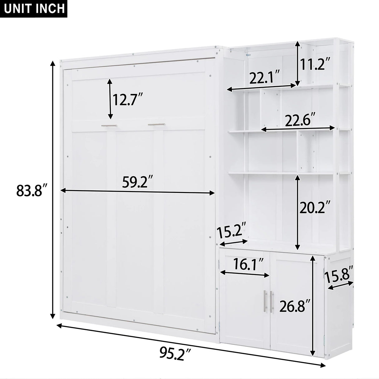 Full Size Murphy Bed With Multiple Storage Shelves - White - Furniture Home Direct