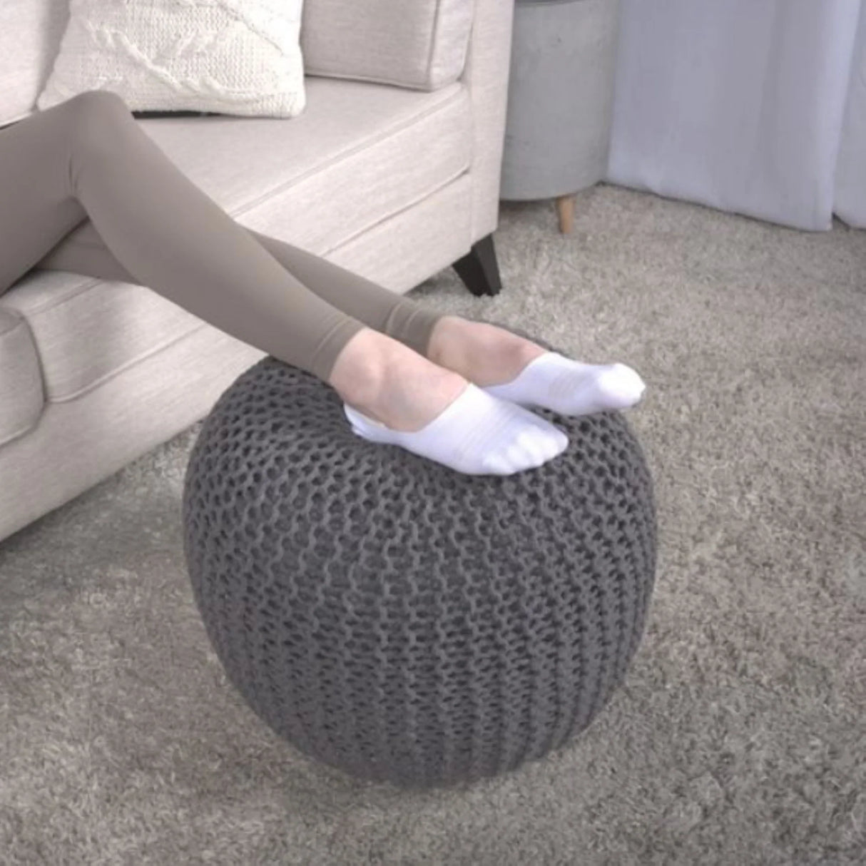Bordeaux - Knitted Cotton Round Pouf, Versatile Ottoman And Floor Cushion - Furniture Home Direct