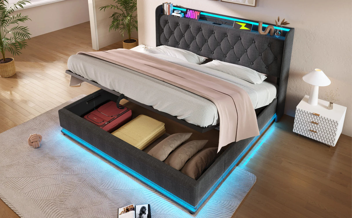 King Bed LED 360 Surround Lighting Storage USB Type C Gray - Furniture Home Direct