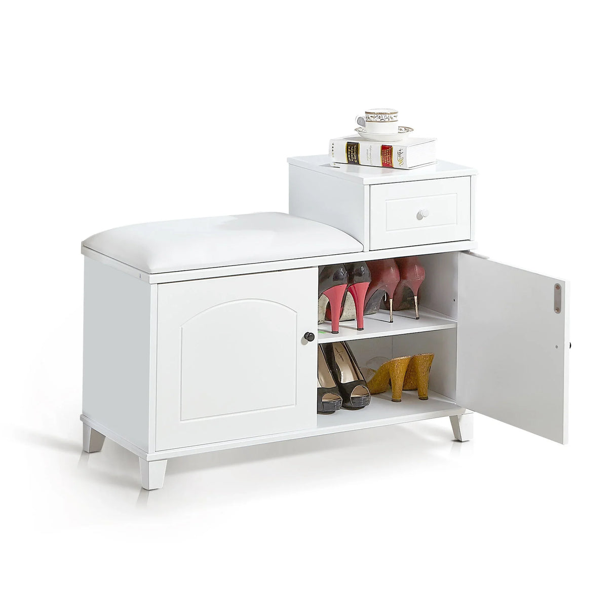 Shoe Storage Bench Cabinet With Fireproof Cushion, Double Doors And Movable Drawer For Door Entrance - White - Furniture Home Direct