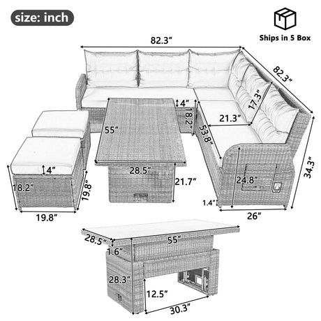 6 Piece Patio Set With An Adjustable Table, Recliners With Extendable Side Tables, And 2 Ottomans - Gray - Furniture Home Direct