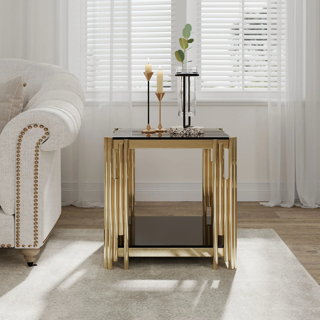 Square End Table With Tempered Glass Top For Living Room - Furniture Home Direct
