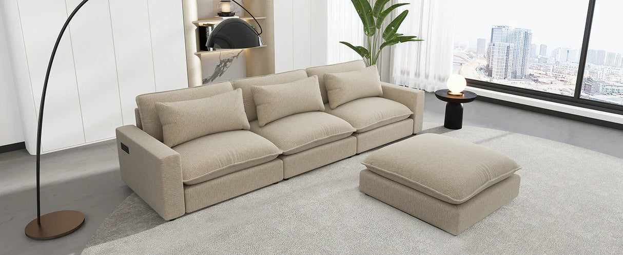 Cloud Sectional with Ottoman, Charging Ports and Three Back Pillows - Beige - Furniture Home Direct