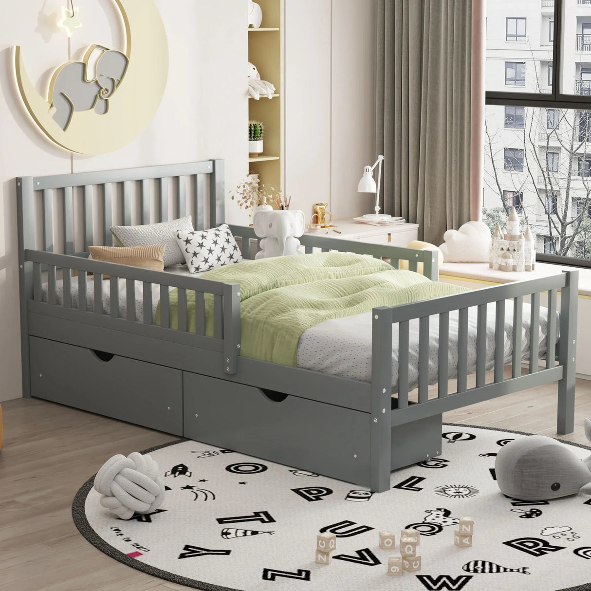 Platform Bed With Guardrails On Both Sides And 2 Storage Drawers - Furniture Home Direct
