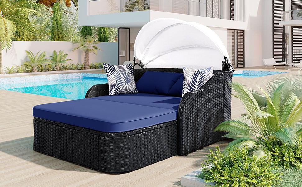 Outdoor Sunbed With Adjustable Canopy, Daybed With Pillows, Double Lounge, PE Rattan Daybed - Furniture Home Direct