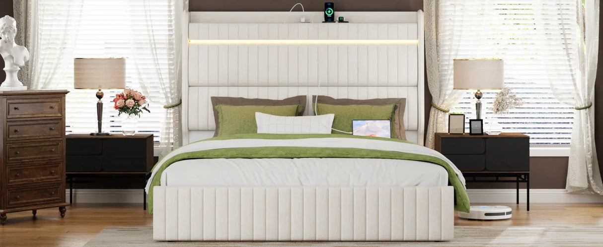 Queen Bed Upholstered With LED Lighting Headboard Beige - Furniture Home Direct
