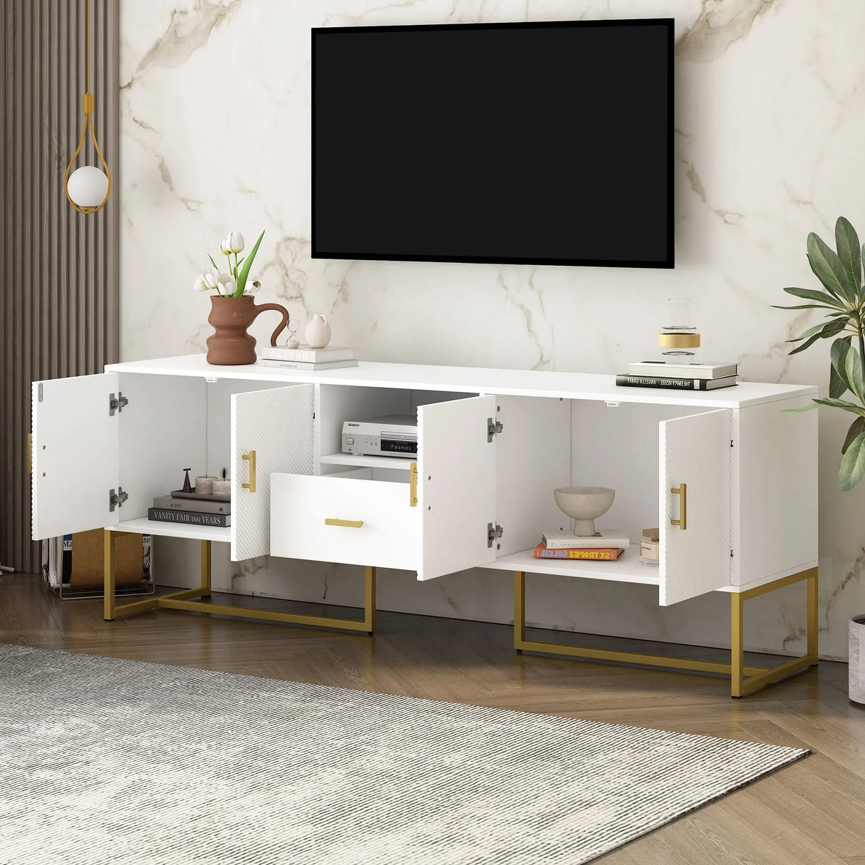 TV Cabinet With 1 Drawer, 2 Cabinets, Handles And Anti-Tip Device - Furniture Home Direct