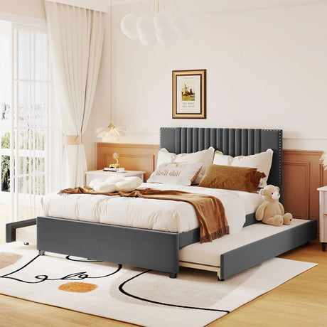 Upholstered Platform Bed With Drawers, Classic Headboard Design - Furniture Home Direct