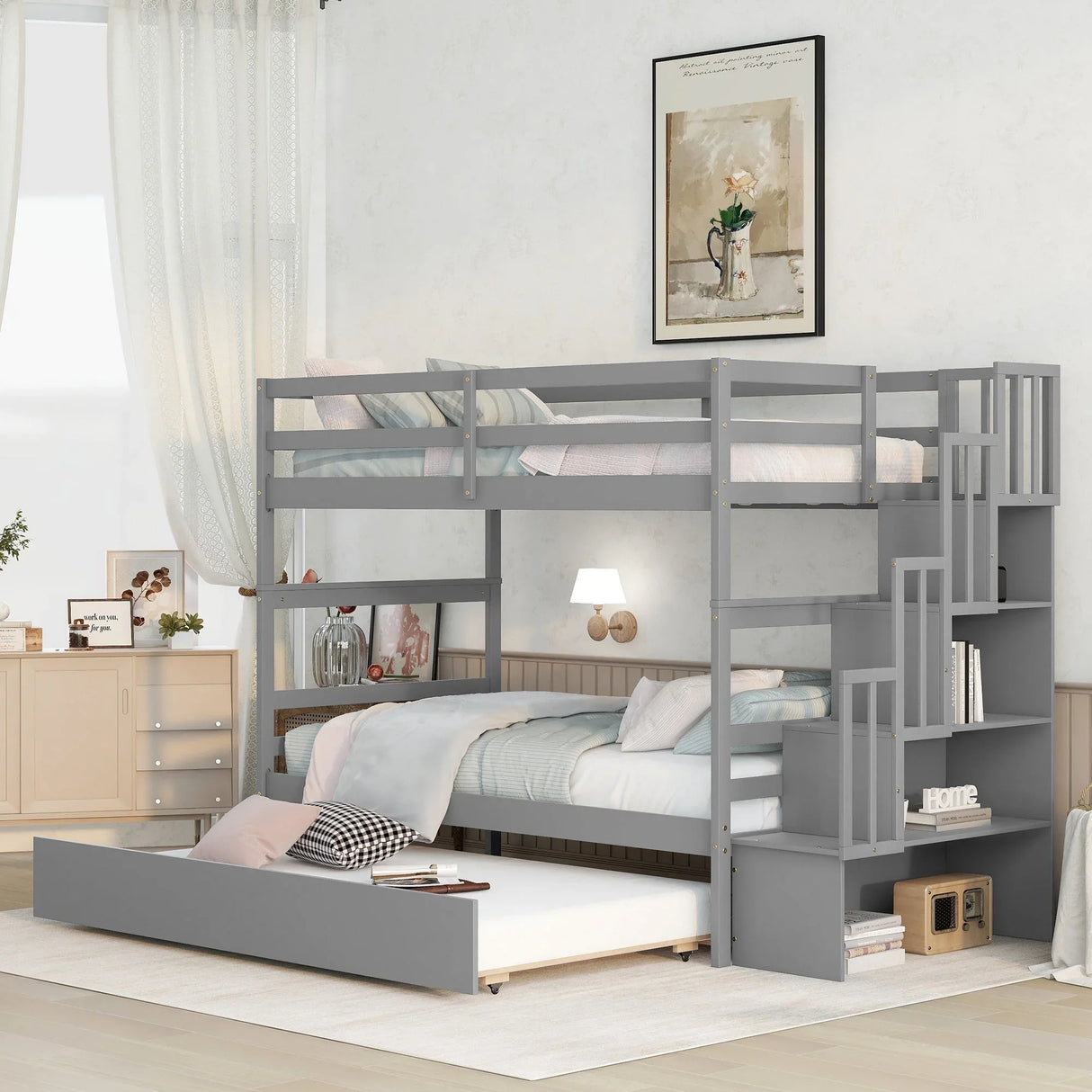 Twin Over Twin Bunk Beds With Twin Trundle And Stairway Storage Function - Furniture Home Direct