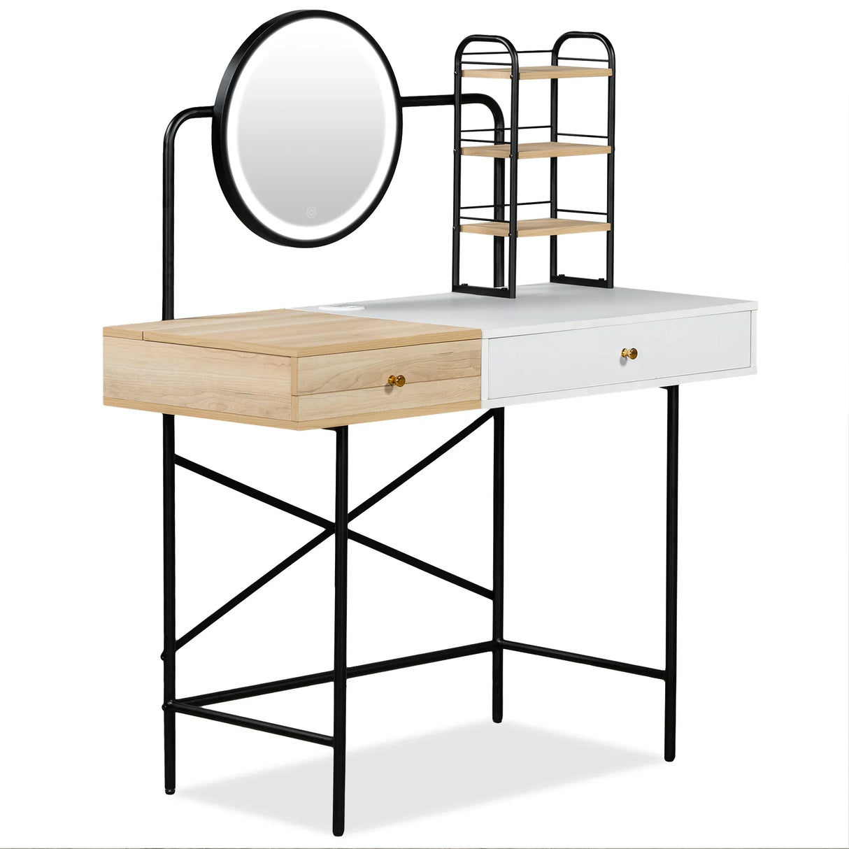 Vanity Desk With Lighted Round Mirror and Storage White - Furniture Home Direct