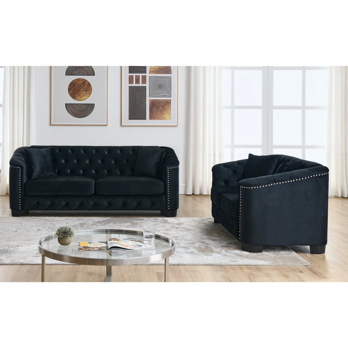 Sofa And Loveseat - Velvet Black - Furniture Home Direct