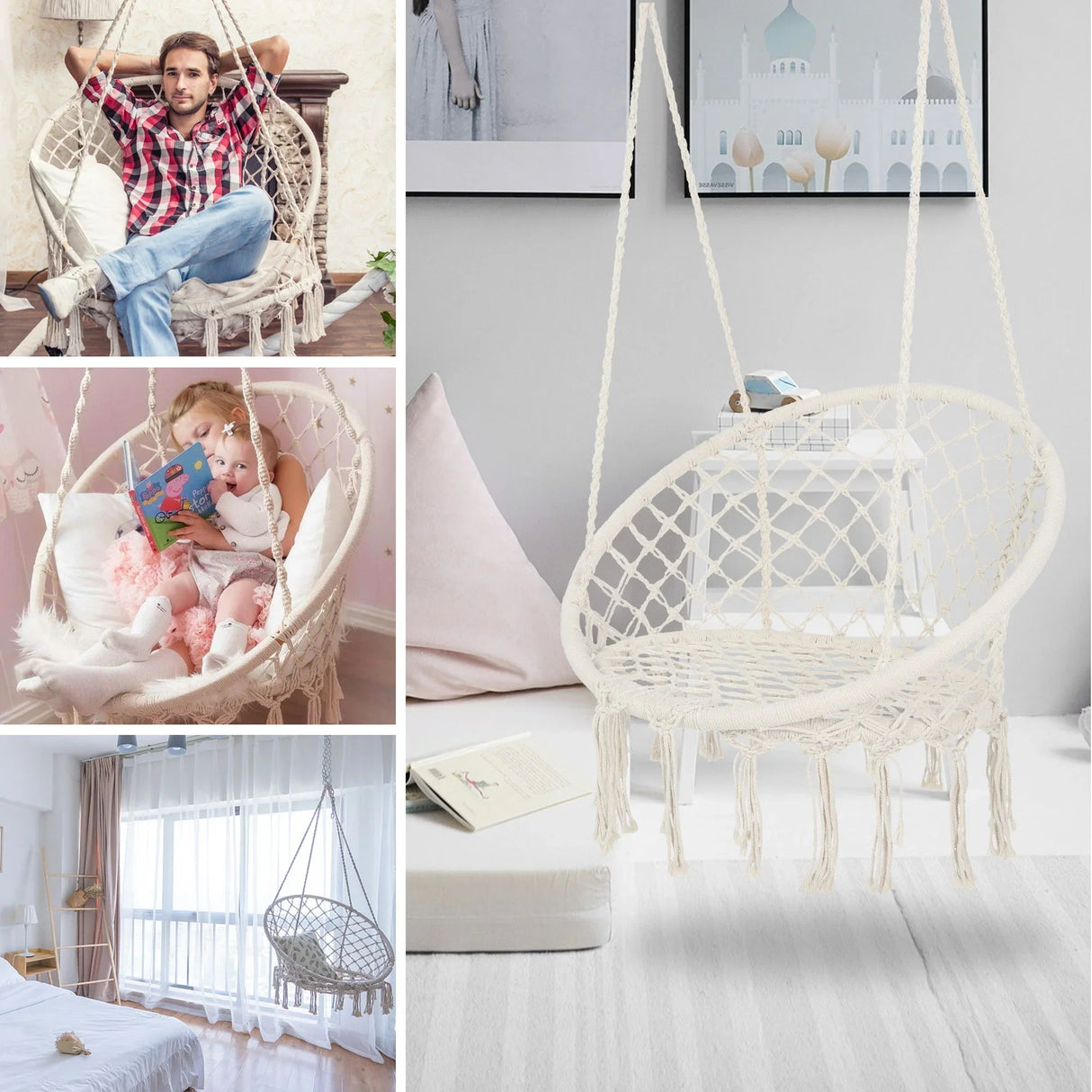 Macrame Hanging Hammock Chair, Cotton Rope Swing For Indoor And Outdoor Use - Furniture Home Direct