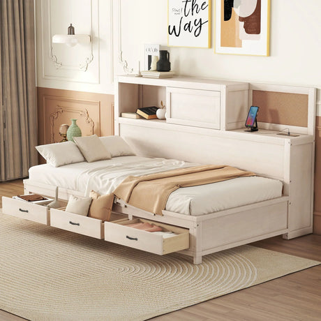 Twin Size Daybed With 3 Storage Drawers, Upper Soft Board, Shelf, And A Set Of Sockets And USB Ports - White - Furniture Home Direct