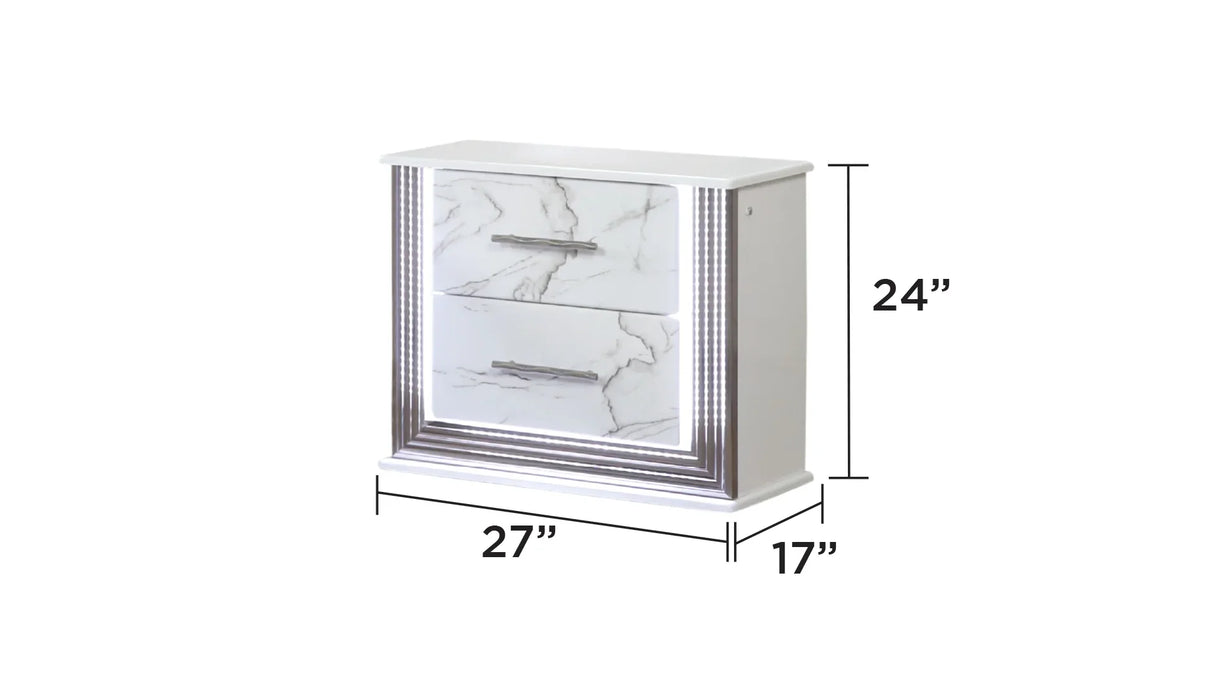 Queen Bed Set LED Upholstered Headboard Marble Finish White - Furniture Home Direct