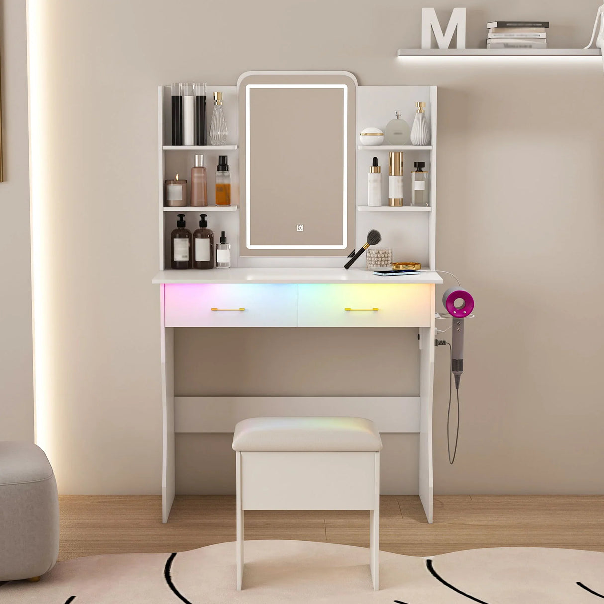 Vanity Desk With LED Lights Mirror, Power Outlet, Storage Drawers & Chair - White - Furniture Home Direct