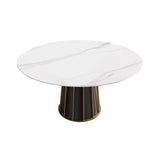 59.05" Modern Artificial Stone Round Panel Metal Iron Base Dining Table, Can Accommodate 8 People, (Not Including Chairs) - White / Black - Furniture Home Direct