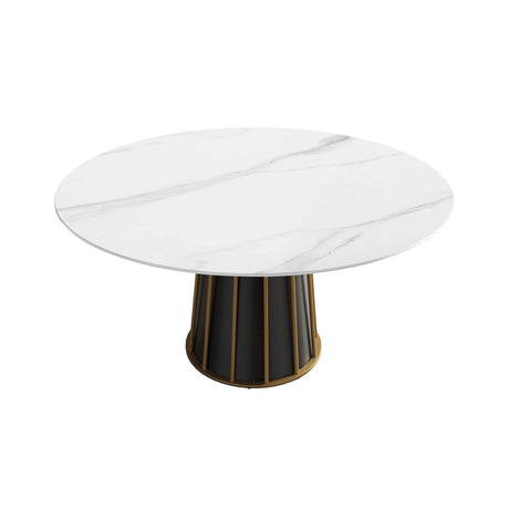 59.05" Modern Artificial Stone Round Panel Metal Iron Base Dining Table, Can Accommodate 8 People, (Not Including Chairs) - White / Black - Furniture Home Direct