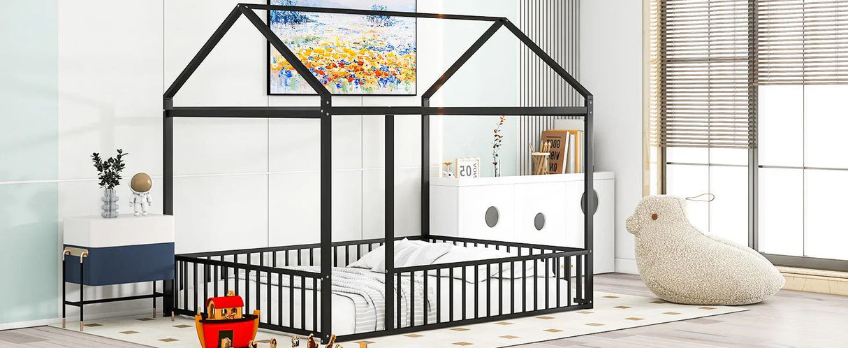 Metal Bed House Bed Frame With Fence - Furniture Home Direct
