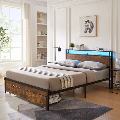 Modern Metal Platform Bed Frame With Wooden Headboard, USB Charging, LED Lights, And Storage - Furniture Home Direct