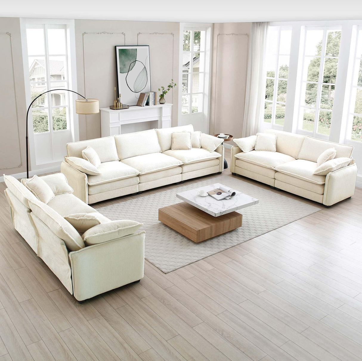 3 Piece Living Room Set - Beige Corduroy - Furniture Home Direct