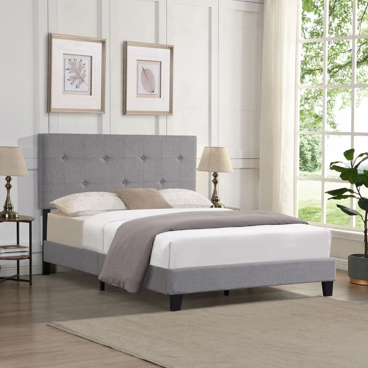 Modern Upholstered Platform Bed Frame With Button Tufted Linen Headboard And Wood Slat Support - Furniture Home Direct