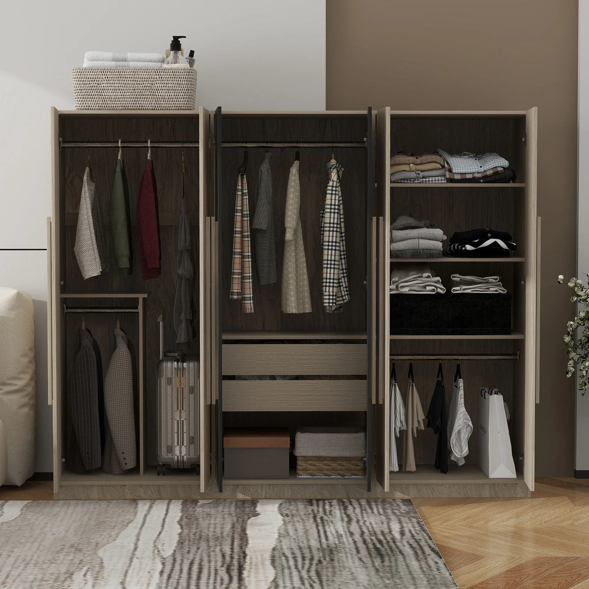 6 Doors Wardrobe Storage For Bedroom, With 2 Drawers Inside - Black / Nature - Furniture Home Direct