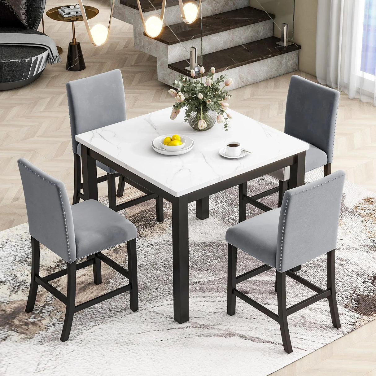 5-Piece Counter Height Dining Table Set With One Faux Marble Top Dining Table And Four Velvet Upholstered Chairs - Furniture Home Direct