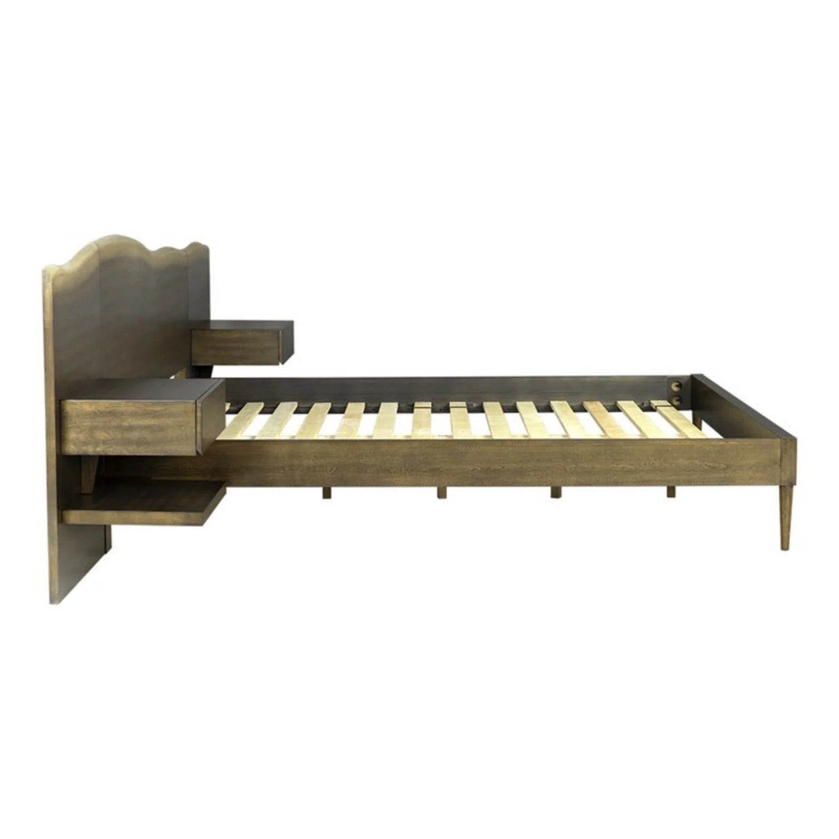 Queen Size Platform Bed Frame With Live Edge Headboard, Built In Nightstands - Dark Brown - Furniture Home Direct