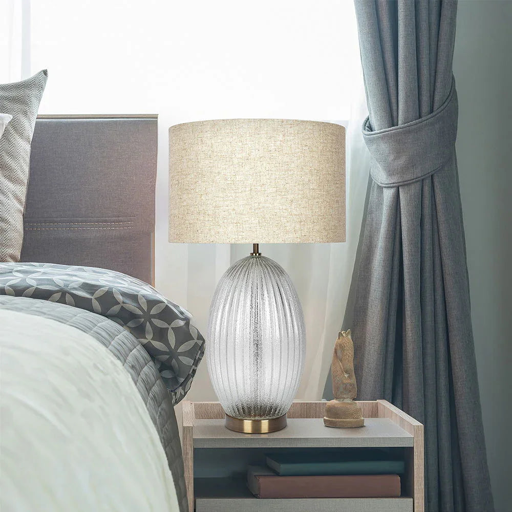 Aurora - Ribbed Lamp Base Clear Table Lamp Large Linen Shade - Beige / Clear / Gold - Furniture Home Direct