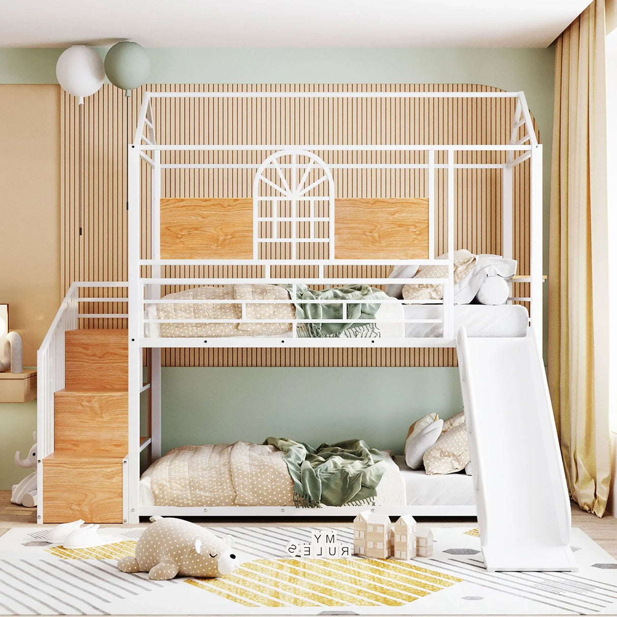 Metal Bunk Bed, Metal Housebed With Slide And Storage Stair - Furniture Home Direct