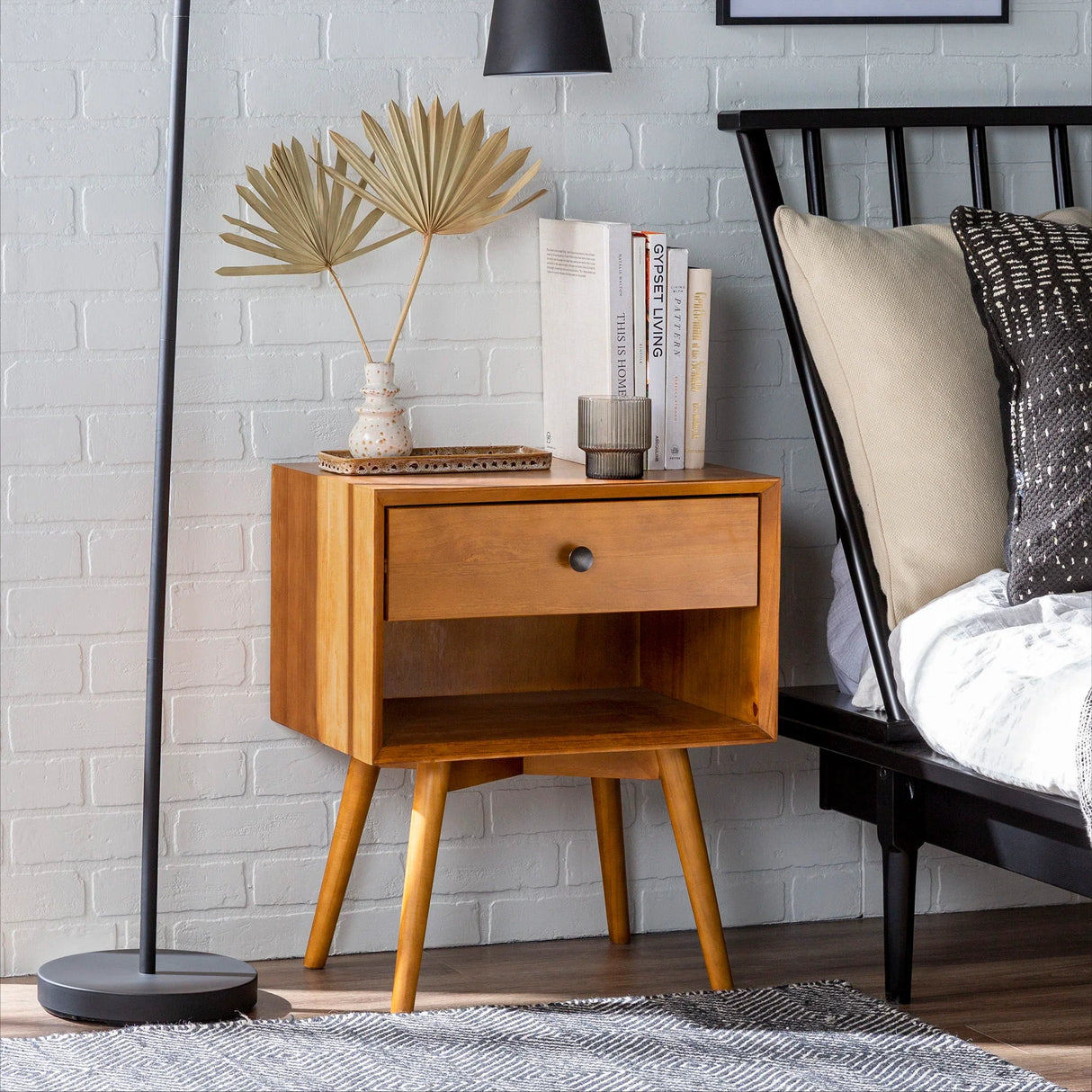 Mid-Century Modern Single Drawer Solid Wood Nightstand - Furniture Home Direct