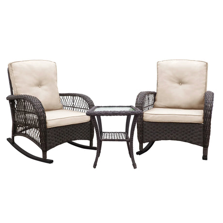 3 Pieces Conversation Set, Rocking Chair With Glass Top Side Table - Brown / Beige - Furniture Home Direct