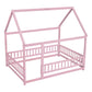 Floor Wooden Bed With House Roof Frame, Fence Guardrails - Furniture Home Direct