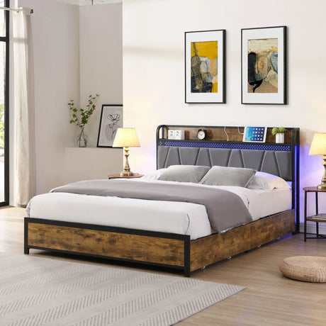 Contemporary Bed Frame With Storage Headboard, Charging Station, LED Lights - Furniture Home Direct