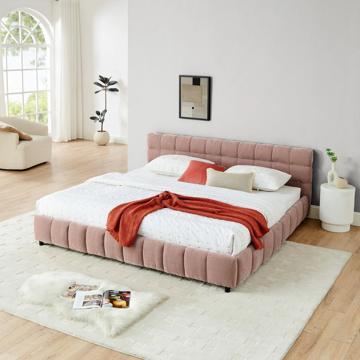 Modern Platform Bed Frame With Thick Chenille Fabric - Furniture Home Direct