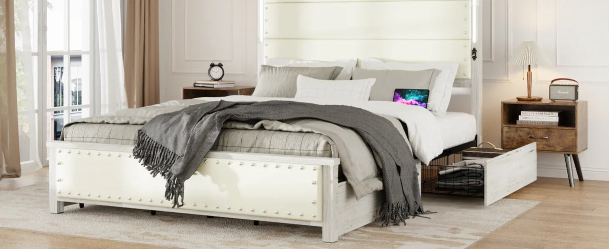 Queen Bed With Upholstered Headboard And Wood Frame Beige - Furniture Home Direct