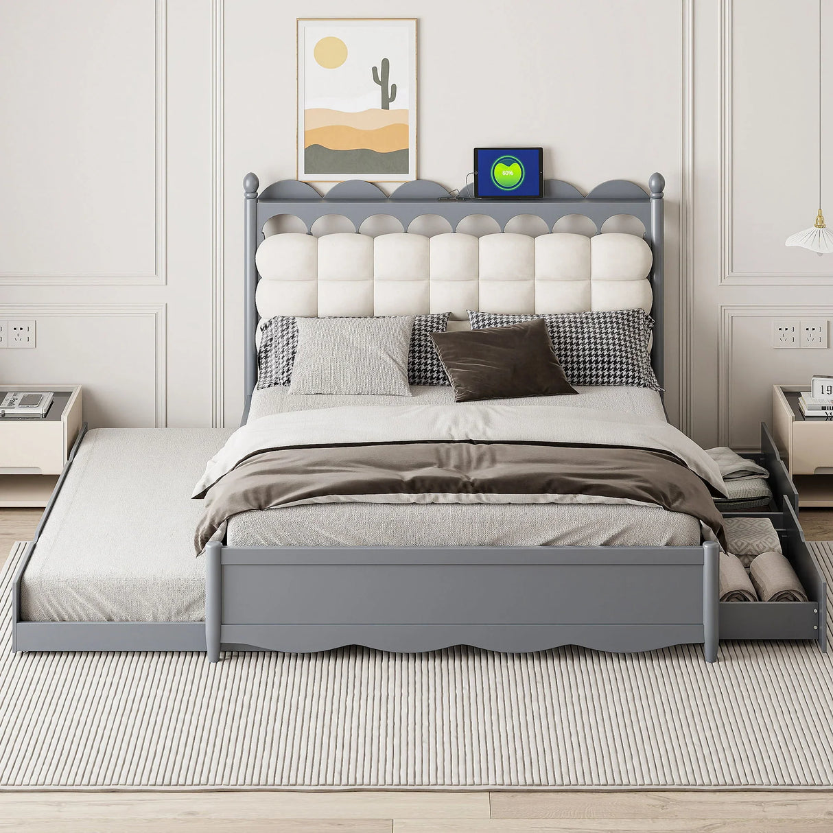 Storage Platform Bed, With 2 Big Drawers, Trundle, One Set Of Sockets & USB Ports - Furniture Home Direct