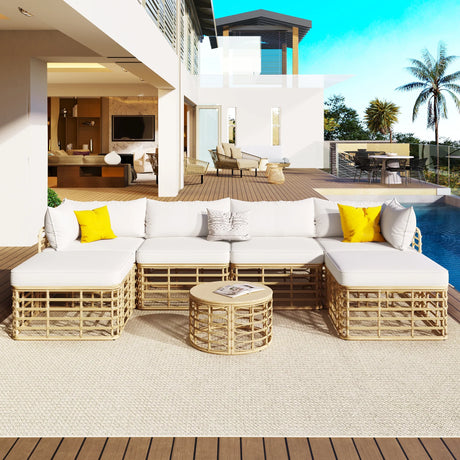 7 Piece Outdoor Patio All-Weather Rattan Sectional Sofa Set With Thick Cushions And Pillows - Beige - Furniture Home Direct