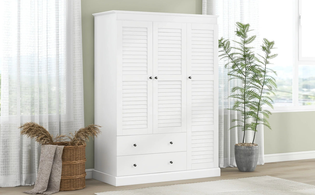 3 Shutter Door Wardrobe Armoire Closet with 2 Drawers, White - Furniture Home Direct